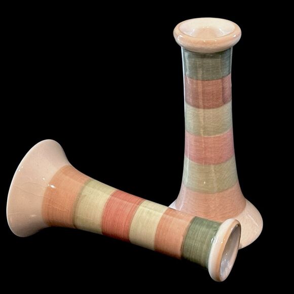 Pair of Vintage Horizontal Lines Striped Terracotta Taper/Pillar Candle Holders - Picture 7 of 8